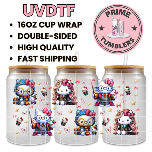 Sanrio HELLO KITTY Harry Potter KT HP 16oz Libbey Glass Cup Wrap UVDTF, Ready to apply decal STICKERS Kawaii Kitty Potter
