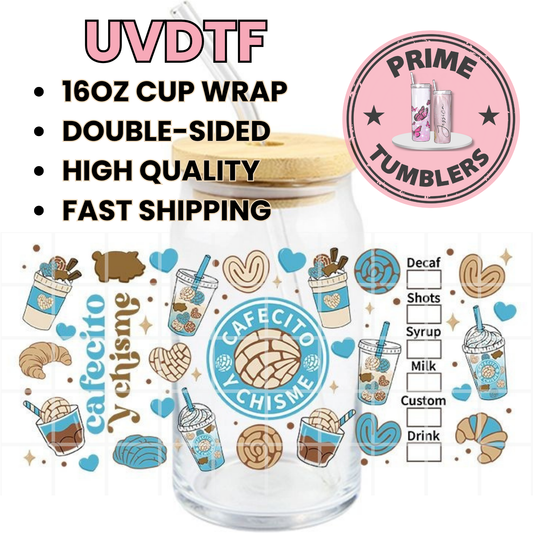 Cafecito y Chisme blue conchas cafe 16oz UVDTF cup wrap, ready to apply STICKERS on