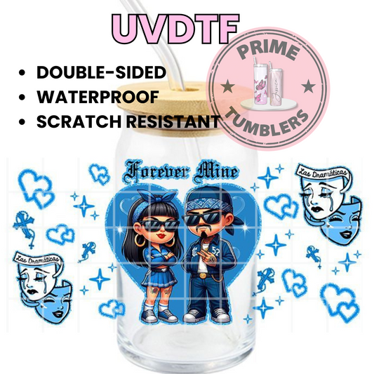 Forever Mine couple 16oz UVDTF cup wrap, ready to apply STICKERS blue