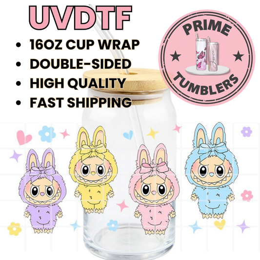 LABUBU flowers 16oz Libbey Glass Cup Wrap UVDTF, Ready to apply decal STICKERS Labubus aesthetic 4 plush dolls The Monsters Pop Mart