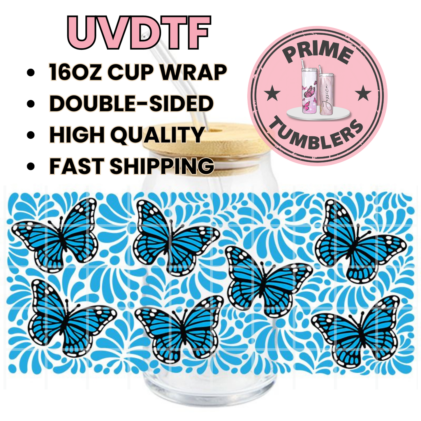 Blue butterflies 16oz UVDTF cup wrap, ready to apply STICKERS