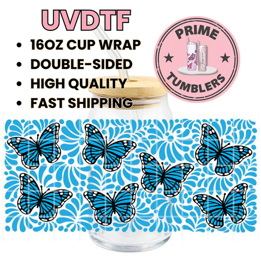 Blue butterflies 16oz UVDTF cup wrap, ready to apply STICKERS
