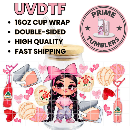 Girl Bow SNACK Mexico long 16oz UVDTF cup wrap, ready to apply STICKERS