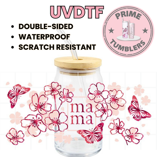 MAMA butterflies flowers 16oz UVDTF cup wrap, ready to apply STICKERS Mom butterfly