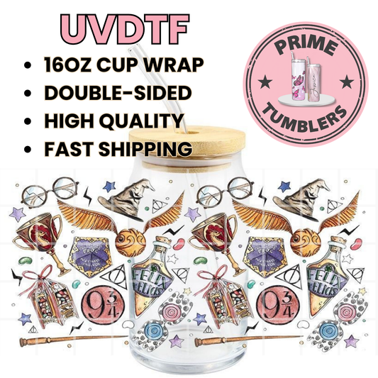 HP Harry Potter movie 16oz Libbey Glass Cup Wrap UVDTF, Ready to apply decal STICKERS Golden Snitch, Sorting Hat, Platform 9 3/4, glasses, wands, potions bottle of Felix Felicis