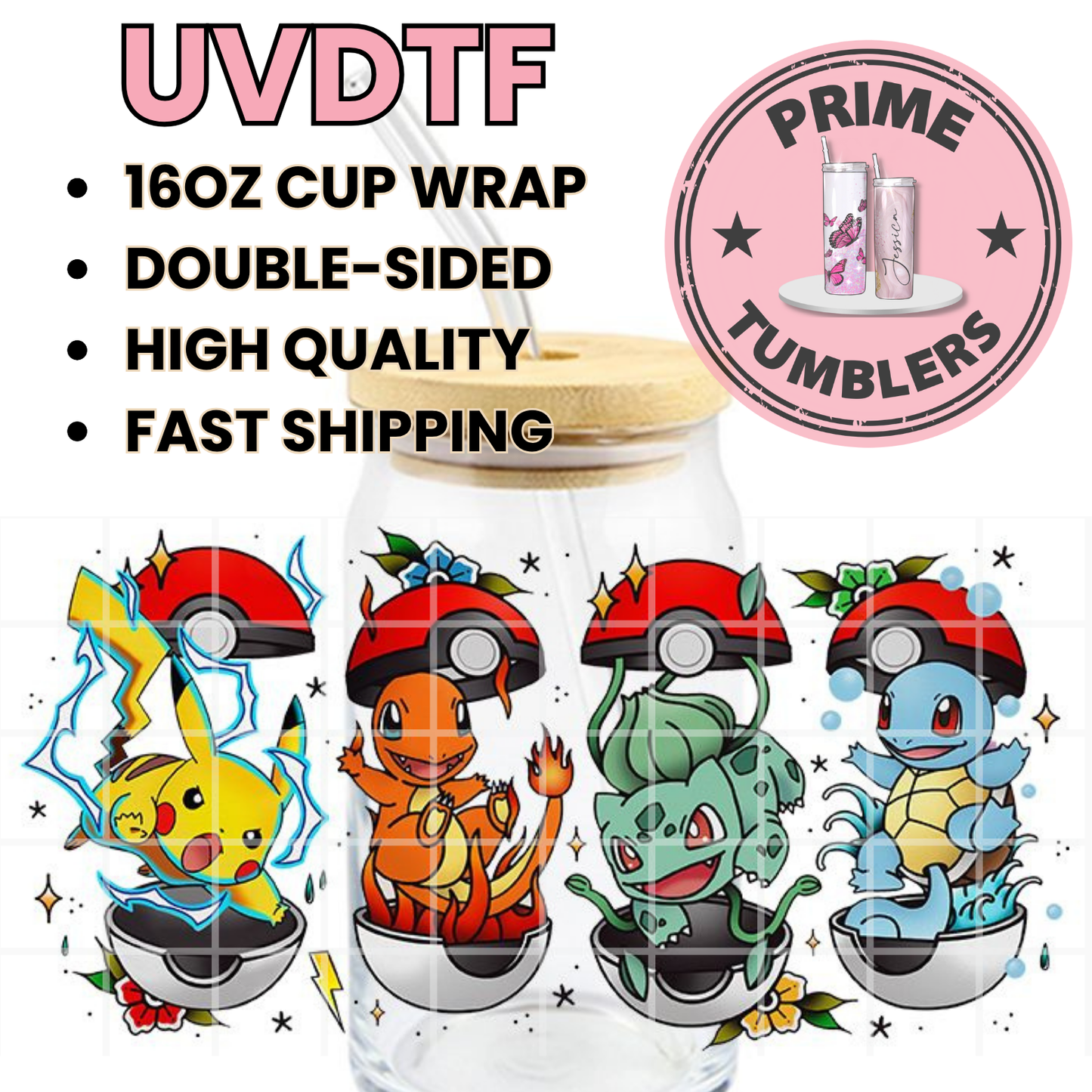 POKEMON Pikachu, Charmander, Bulbasaur, and Squirtle, Poké Ball 16oz UVDTF cup wrap, ready to apply STICKER Decal