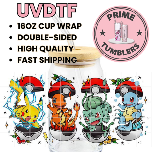 POKEMON Pikachu, Charmander, Bulbasaur, and Squirtle, Poké Ball 16oz UVDTF cup wrap, ready to apply STICKER Decal