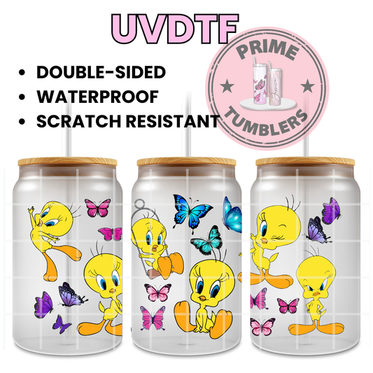 Tweety Bird Butterfly blue pink purple Butterflies 16oz Libbey Glass Cup Wrap UVDTF, Ready to apply decal STICKERS Warner Bros Looney Tunes yellow canary sweetie cartoon