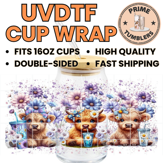 Highland Cow and purple FLOWERS 16oz UVDTF cup wrap, ready to apply STICKERS decal cows coffee