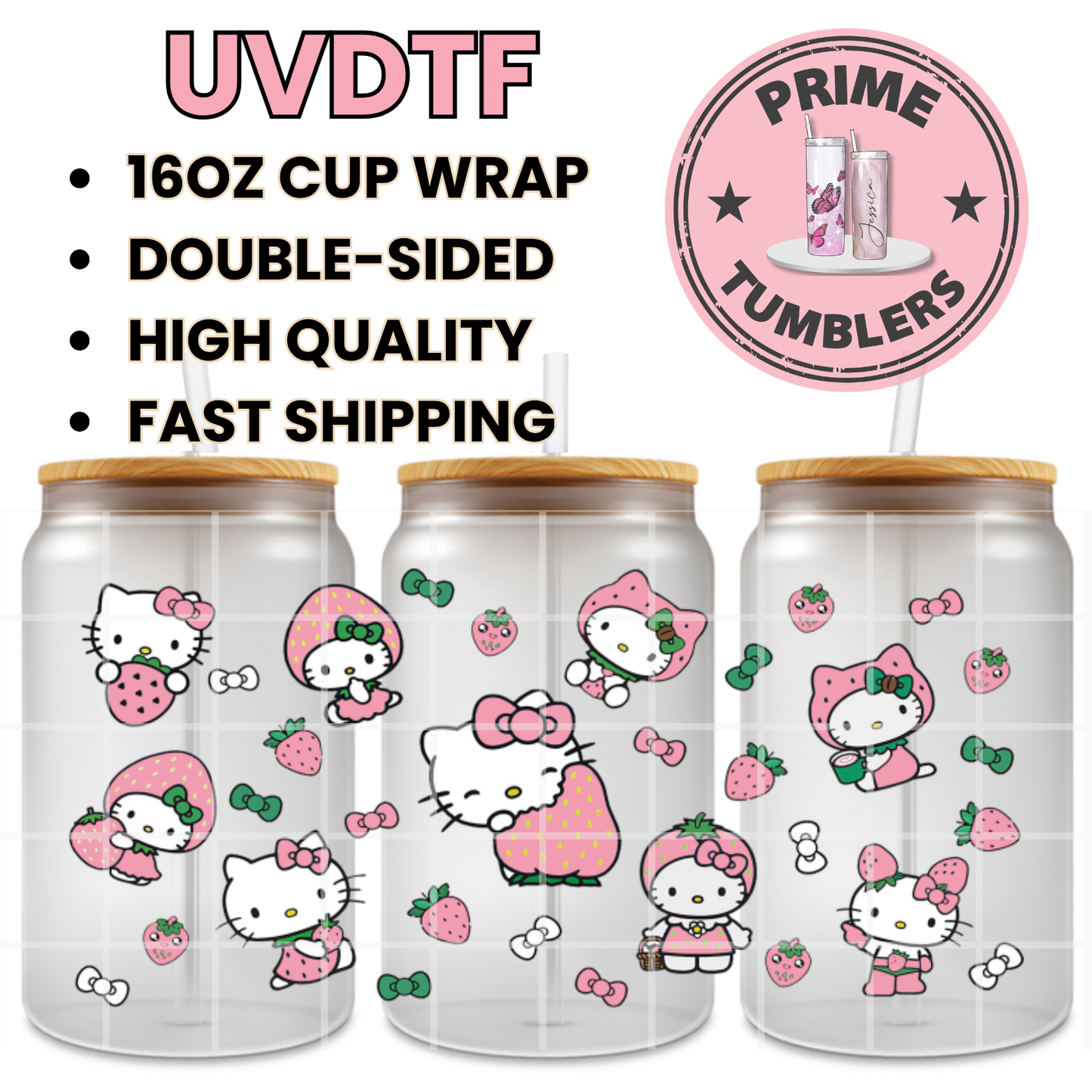 Hello Kitty pink STRAWBERRIES 16oz UVDTF cup wrap, ready to apply STICKERS