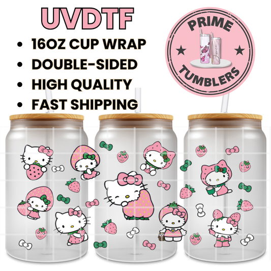 Hello Kitty pink STRAWBERRIES 16oz UVDTF cup wrap, ready to apply STICKERS