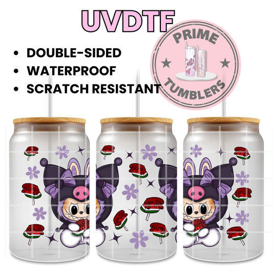 LABUBU Sanrio KUROMI paleta sandia 16oz UVDTF cup wrap, ready to apply STICKERS Kawaii Labubus The Monsters