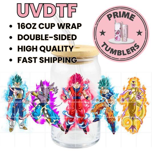 Dragon Ball Z Ready-to-press UVDTF Transfers, Cup wrap decals, Tumbler prints, 16oz Libbey Glass UV STICKERS Anime Vegeta, Beerus, Goku (in Super Saiyan God form), Goku (in Super Saiyan Blue form), and Frieza (in Golden Frieza form)