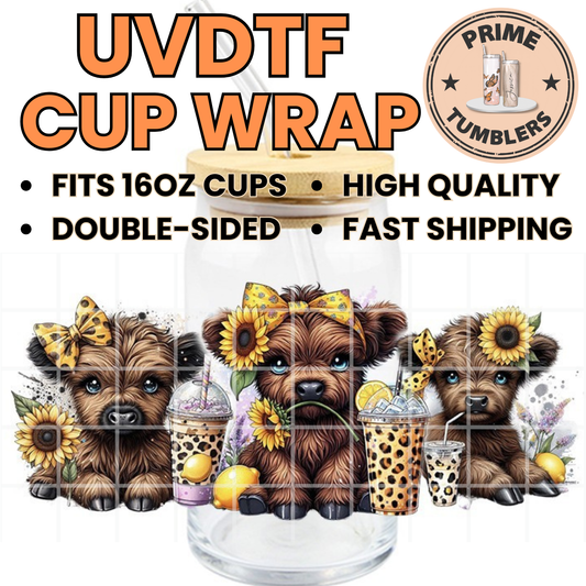 Highland Cow 16oz UVDTF cup wrap, ready to apply STICKERS decal coffee yellow cows