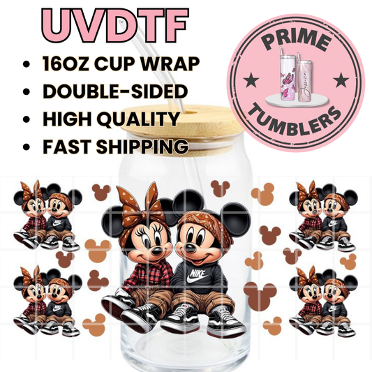 Mickey MOUSE and MINNIE brown 16oz UVDTF cup wrap, ready to apply STICKERS