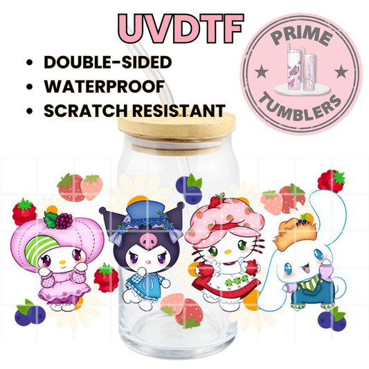Strawberry Shortcake Sanrio My Melody, Kuromi, Hello Kitty, and Cinnamoroll 16oz Libbey Glass Cup Wrap UVDTF, Ready to apply decal STICKERS strawberries Harmonyland