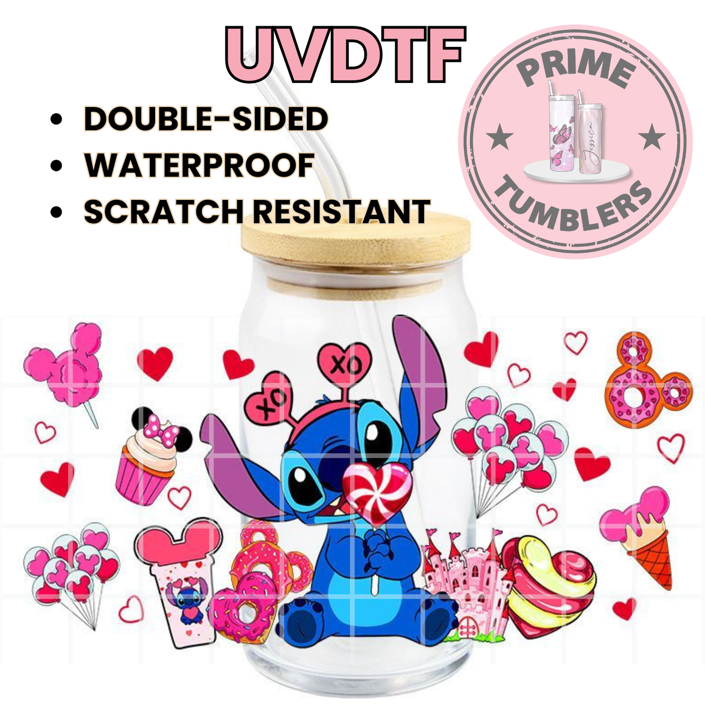 Disney Stitch LOVE 16oz Libbey Glass Cup Wrap UVDTF, Ready to apply decal STICKERS Valentine’s Day hearts, balloons, cupcake with a Minnie Mouse bow, and pink castle