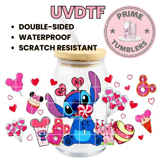 Disney Stitch LOVE 16oz Libbey Glass Cup Wrap UVDTF, Ready to apply decal STICKERS Valentine’s Day hearts, balloons, cupcake with a Minnie Mouse bow, and pink castle