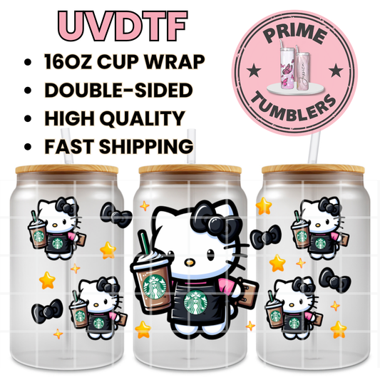 Black Coffee Shop Star Bucks Hello Kitty 16oz UVDTF cup wrap, ready to apply STICKERS
