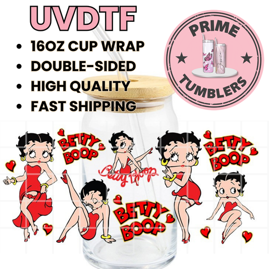 Betty Boop red dress 16oz Libbey Glass Cup Wrap UVDTF, Ready to apply decal STICKERS