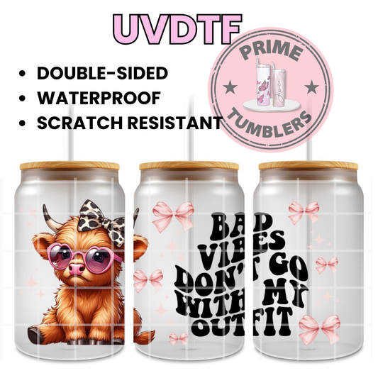 Highland Cow Bad Vibes 16oz UVDTF cup wrap, ready to apply STICKERS decal Bows