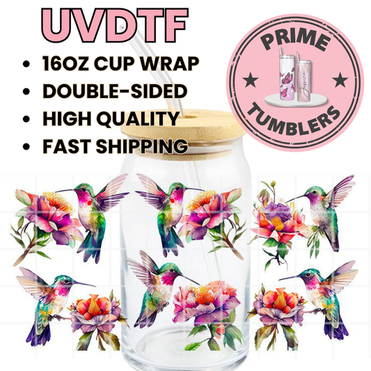 Hummingbirds floral 16oz UVDTF cup wrap, ready to apply STICKERS