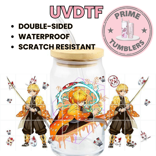 Demon Slayer: Kimetsu no Yaiba. Ready-to-press UVDTF Transfers, Cup wrap decals, Tumbler prints, 16oz Libbey Glass UV STICKERS swordsman Zenitsu Agatsuma Japan Anime Manga
