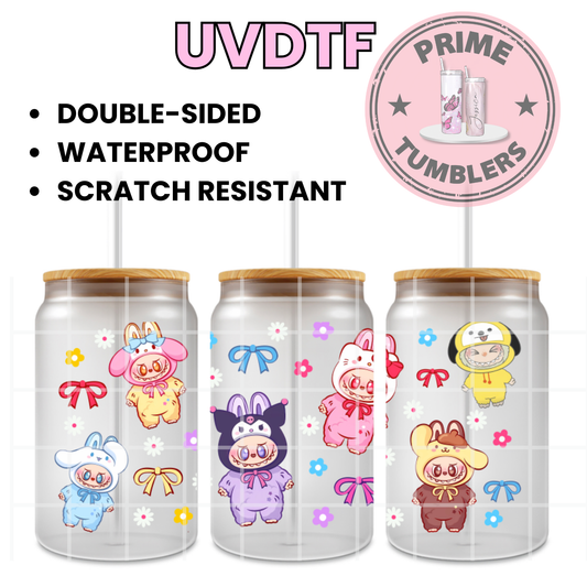 LABUBU Sanrio Hello Kitty and Friends My melody, Kuromi, Cinnamoroll, Pompompurin and Pochacco 16oz UVDTF cup wrap, ready to apply STICKERS Kawaii Labubus The Monsters