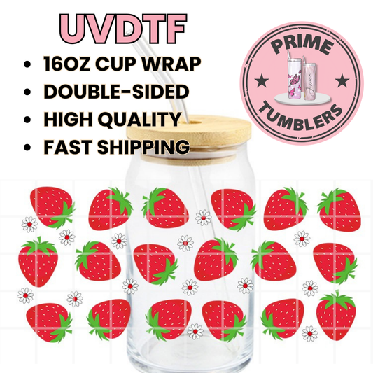 Strawberry red Daisy strawberries 16oz UVDTF cup wrap, ready to apply STICKERS on