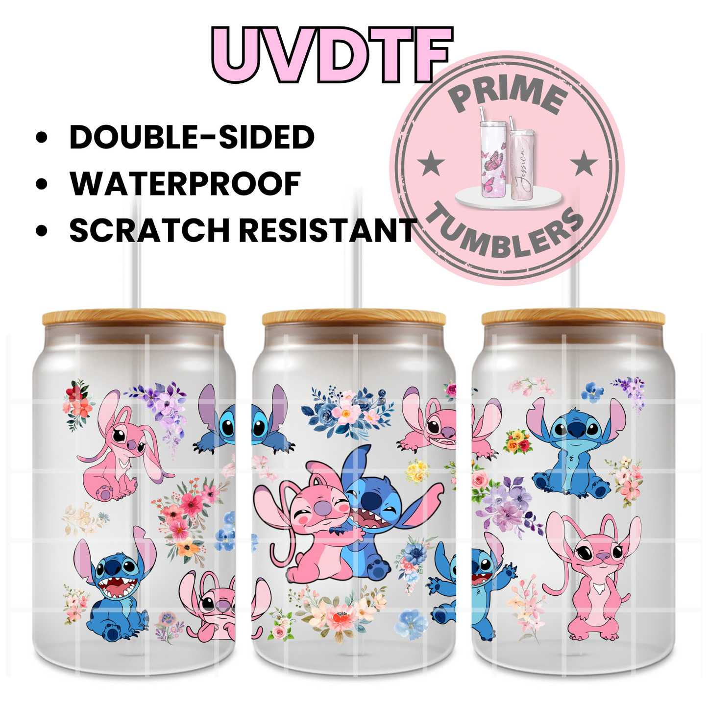 STITCH and Angel from Disney's Lilo & Stitch 16oz Libbey Glass Cup Wrap UVDTF, Ready to apply decal STICKERS