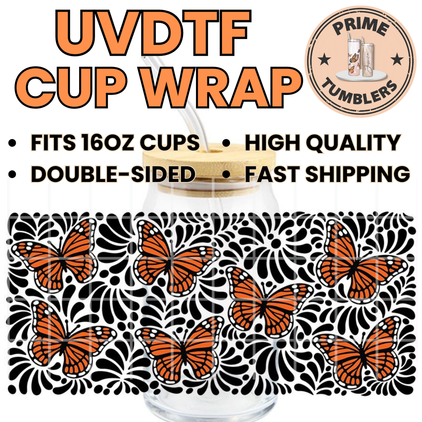 Orange and Black Butterflies 16oz UVDTF cup wrap, ready to apply STICKERS butterfly