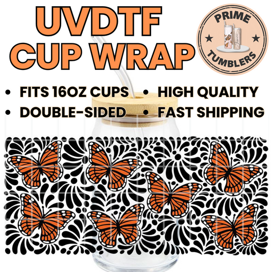 Orange and Black Butterflies 16oz UVDTF cup wrap, ready to apply STICKERS butterfly