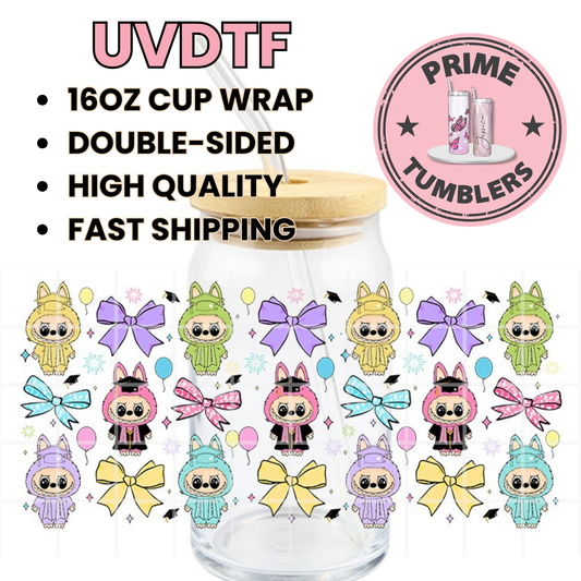 LABUBU Graduation Kawaii 16oz Libbey Glass Cup Wrap UVDTF, Ready to apply decal STICKERS Labubus pink yellow purple blue BOWS