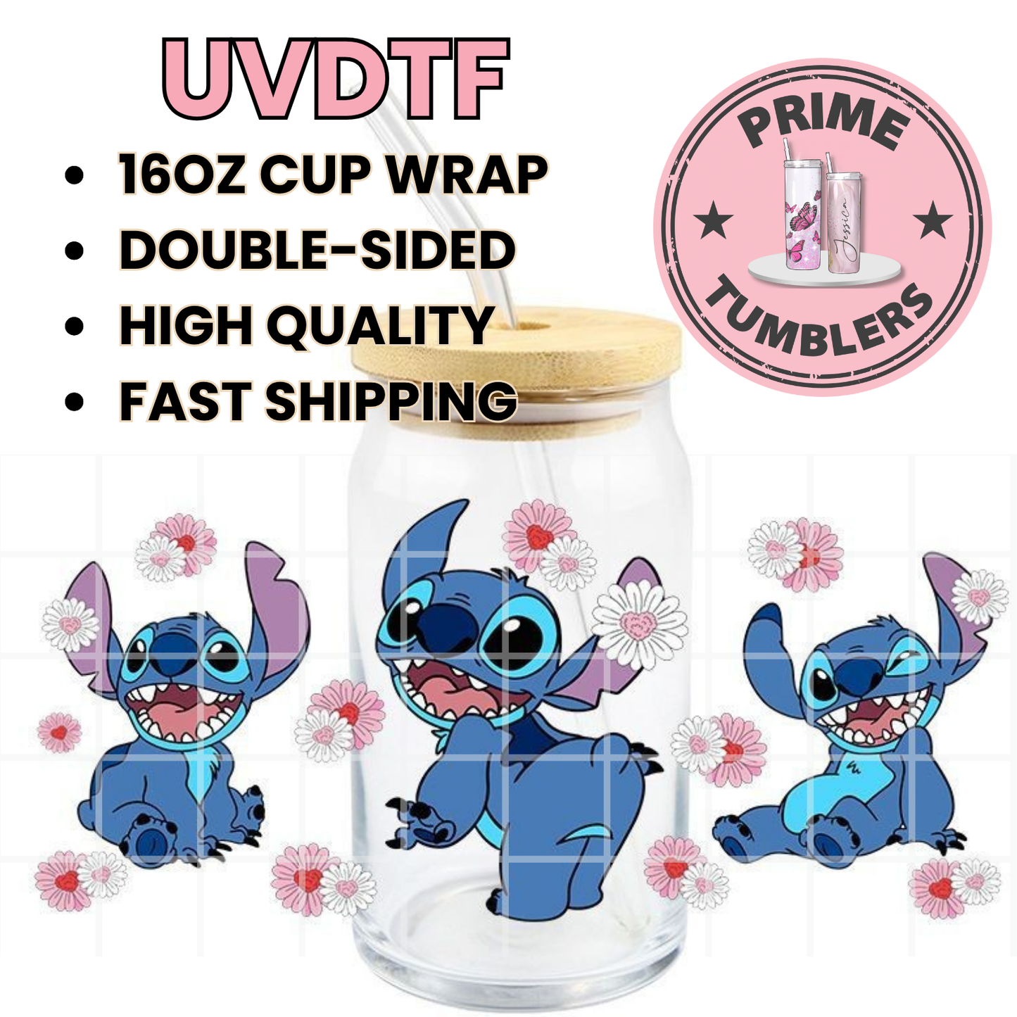 Disney movie Lilo & Stitch 16oz Libbey Glass Cup Wrap UVDTF, Ready to apply decal STICKERS blue alien Flowers butt