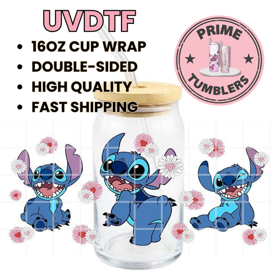 Disney movie Lilo & Stitch 16oz Libbey Glass Cup Wrap UVDTF, Ready to apply decal STICKERS blue alien Flowers butt