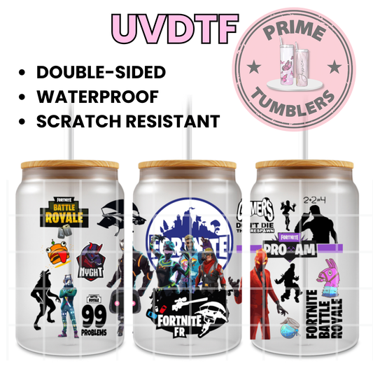 FORTNITE video game Drift, Omega, Loot Llama and Fishstick Ready-to-press UVDTF Transfers, Cup wrap decals, Tumbler prints, 16oz Libbey Glass UV STICKERS FR BATTLE ROYALE Epic Games 2+2=4 GAMERS 99 problems