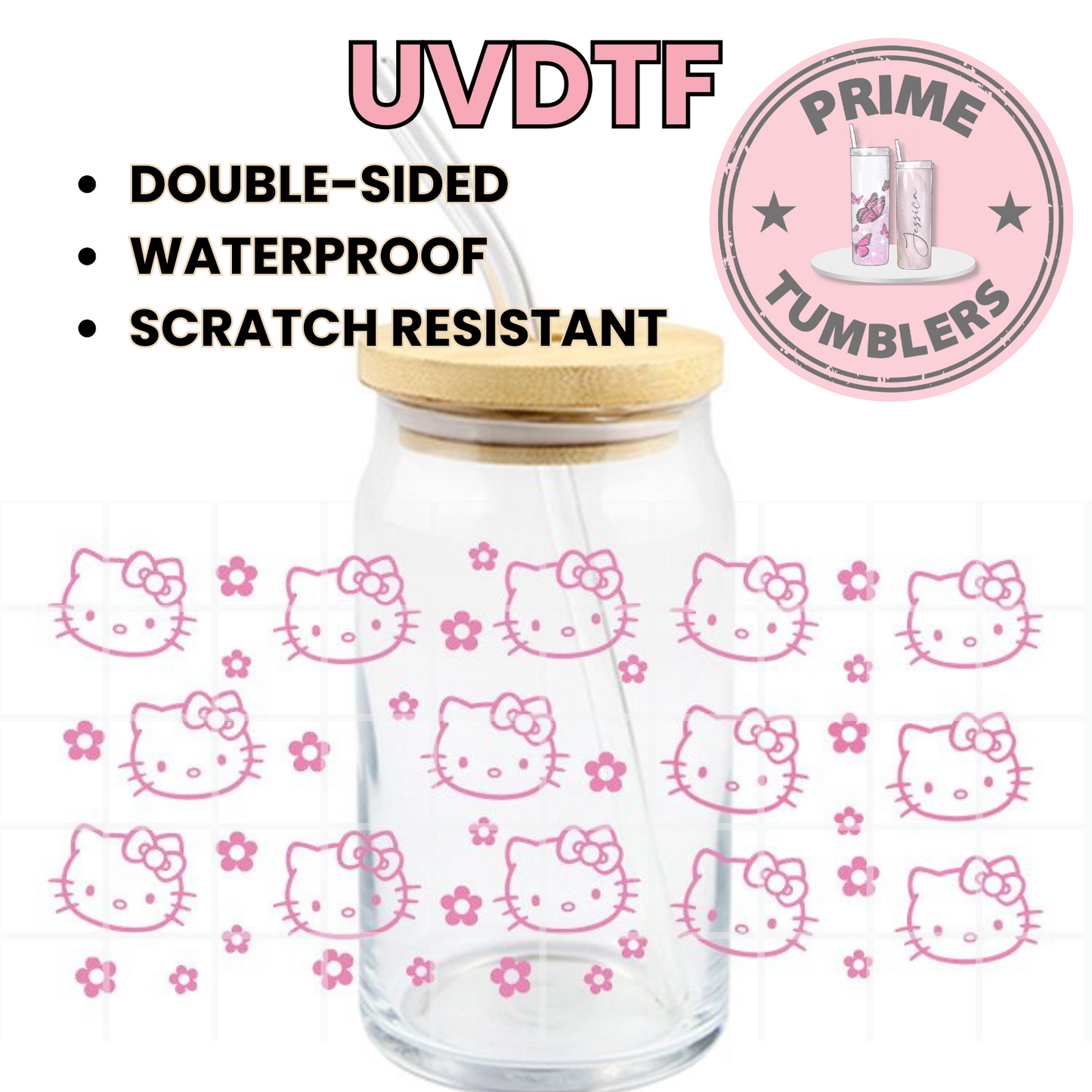 Hello Kitty light pink outline 16oz UVDTF cup wrap, ready to apply STICKERS HK flowers