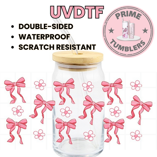 Pink BOWS and white flowers 16oz UVDTF cup wrap, ready to apply STICKERS