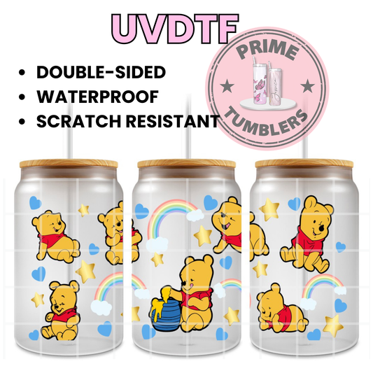 Disney’s Winnie the Pooh Bear BABY 16oz Libbey Glass Cup Wrap UVDTF, Ready to apply decal STICKERS Walt Disney rainbows, clouds, blue hearts, and gold stars