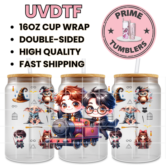 Harry Potter and Hermione Granger 16oz Libbey Glass Cup Wrap UVDTF, Ready to apply decal STICKERS Cartoon Dobby elf Hogwarts Express train, sorting hat, wands, and Hedwig the owl
