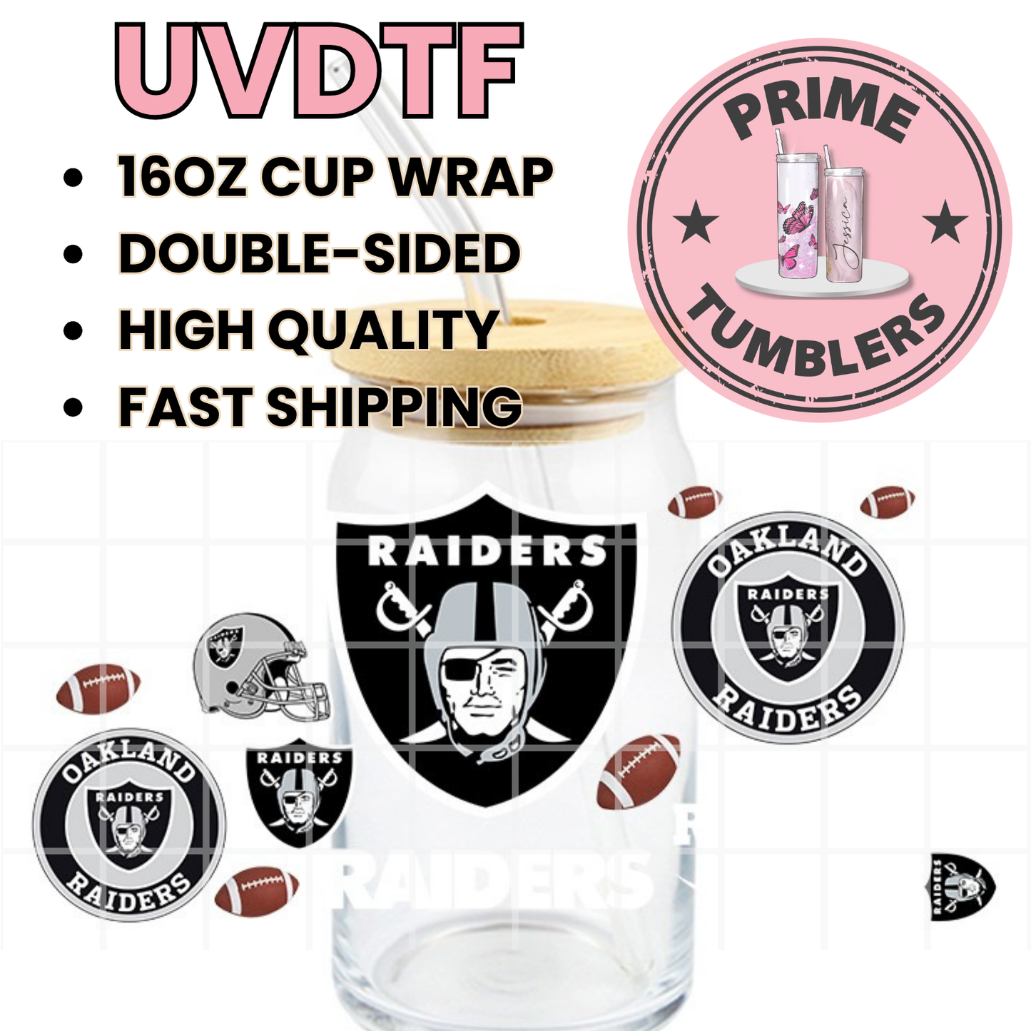 RAIDERS Football white Oakland 16oz UVDTF cup wrap, ready to apply STICKERS