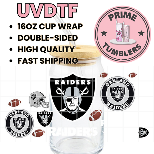 RAIDERS Football white Oakland 16oz UVDTF cup wrap, ready to apply STICKERS
