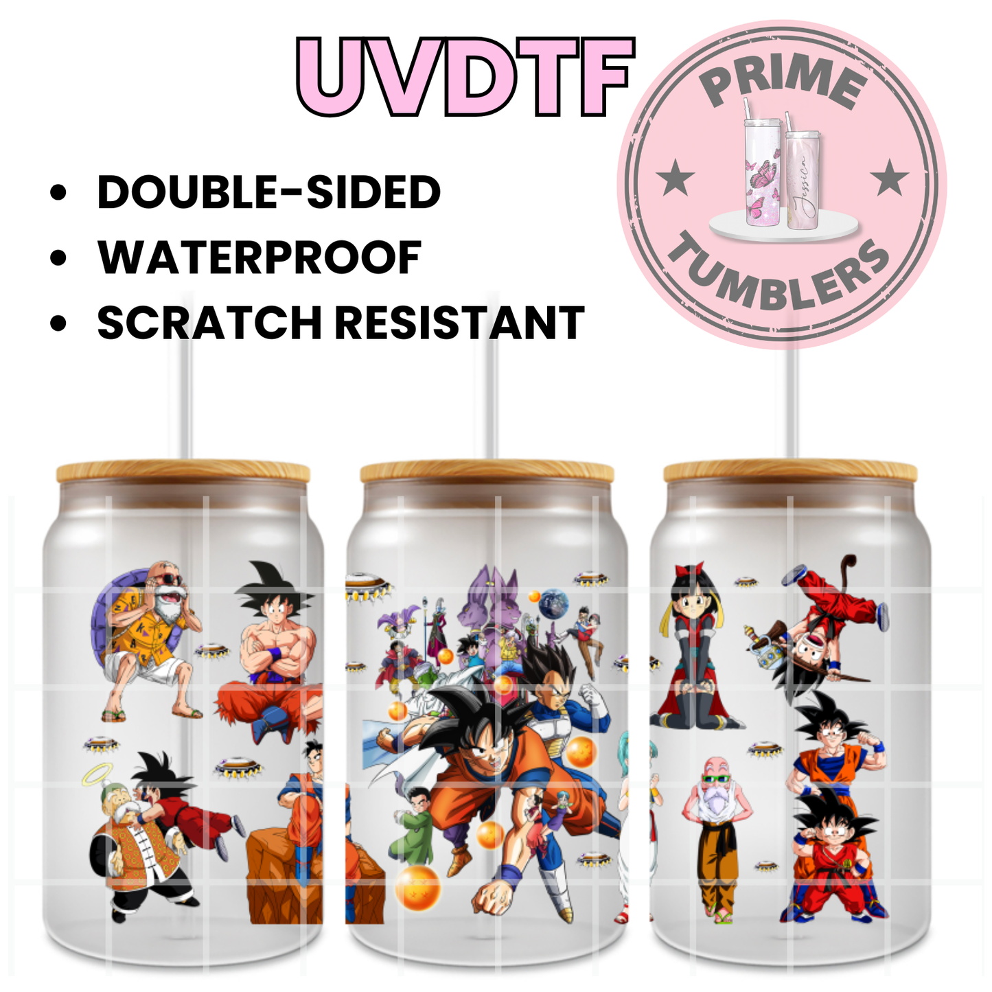Dragon Ball, Dragon Ball Z, and Dragon Ball Super Ready-to-press UVDTF Transfers, Cup wrap decals, Tumbler prints, 16oz Libbey Glass UV STICKERS DBZ Japanese Anime and Manga Goku, Vegeta, Gohan, Master Roshi, and Beerus