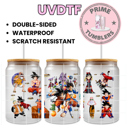 Dragon Ball, Dragon Ball Z, and Dragon Ball Super Ready-to-press UVDTF Transfers, Cup wrap decals, Tumbler prints, 16oz Libbey Glass UV STICKERS DBZ Japanese Anime and Manga Goku, Vegeta, Gohan, Master Roshi, and Beerus