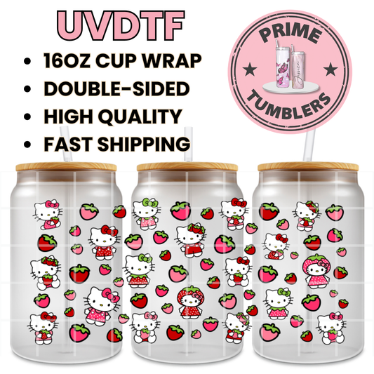 Strawberry Hello Kitty pink and Red 16oz UVDTF cup wrap, ready to apply STICKERS Sanrio HK strawberries Kawaii