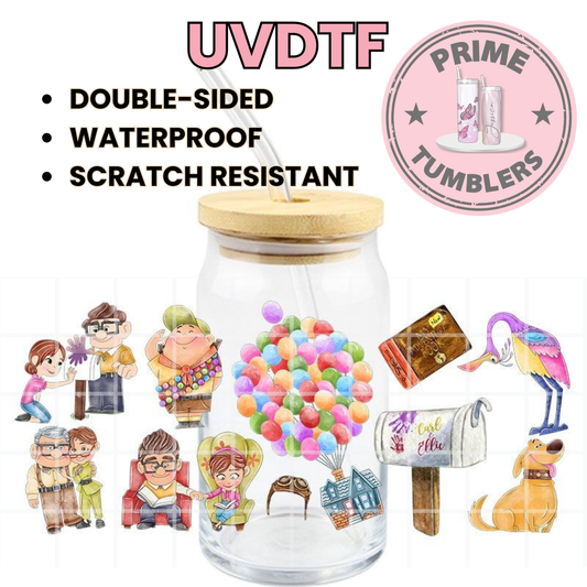 Disney-Pixar movie UP Carl Fredricksen and Ellie, Russell, Dug and Kevin 16oz Libbey Glass Cup Wrap UVDTF, Ready to apply decal STICKERS Adventure House Balloons Book Mailbox