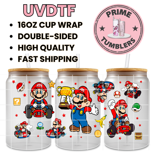 Super Mario kart, trophy, champion 16oz UVDTF cup wrap, ready to apply STICKERS Spiny Shell, Question Block, Super Star, Coin, banana peel, and small Luma character