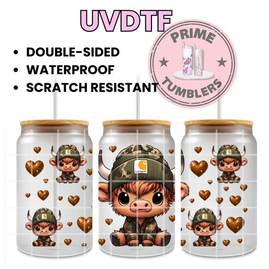 Highland Cow Soldier camouflage beanie 16oz UVDTF cup wrap, ready to apply STICKERS decal cows hearts brown