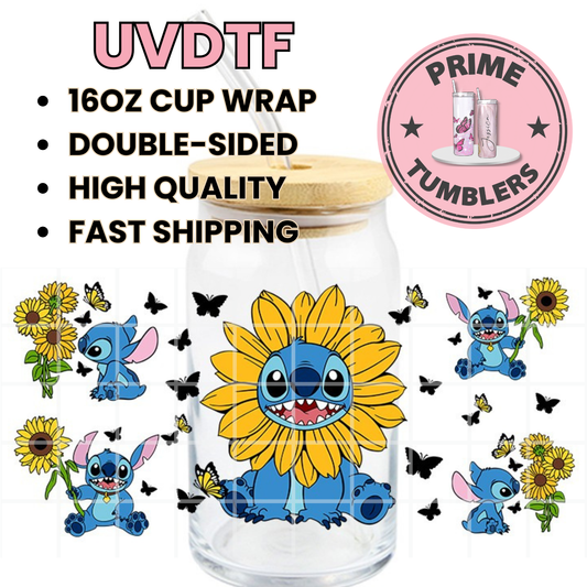 Disney's Stitch SUNflowers 16oz Libbey Glass Cup Wrap UVDTF, Ready to apply decal STICKERS