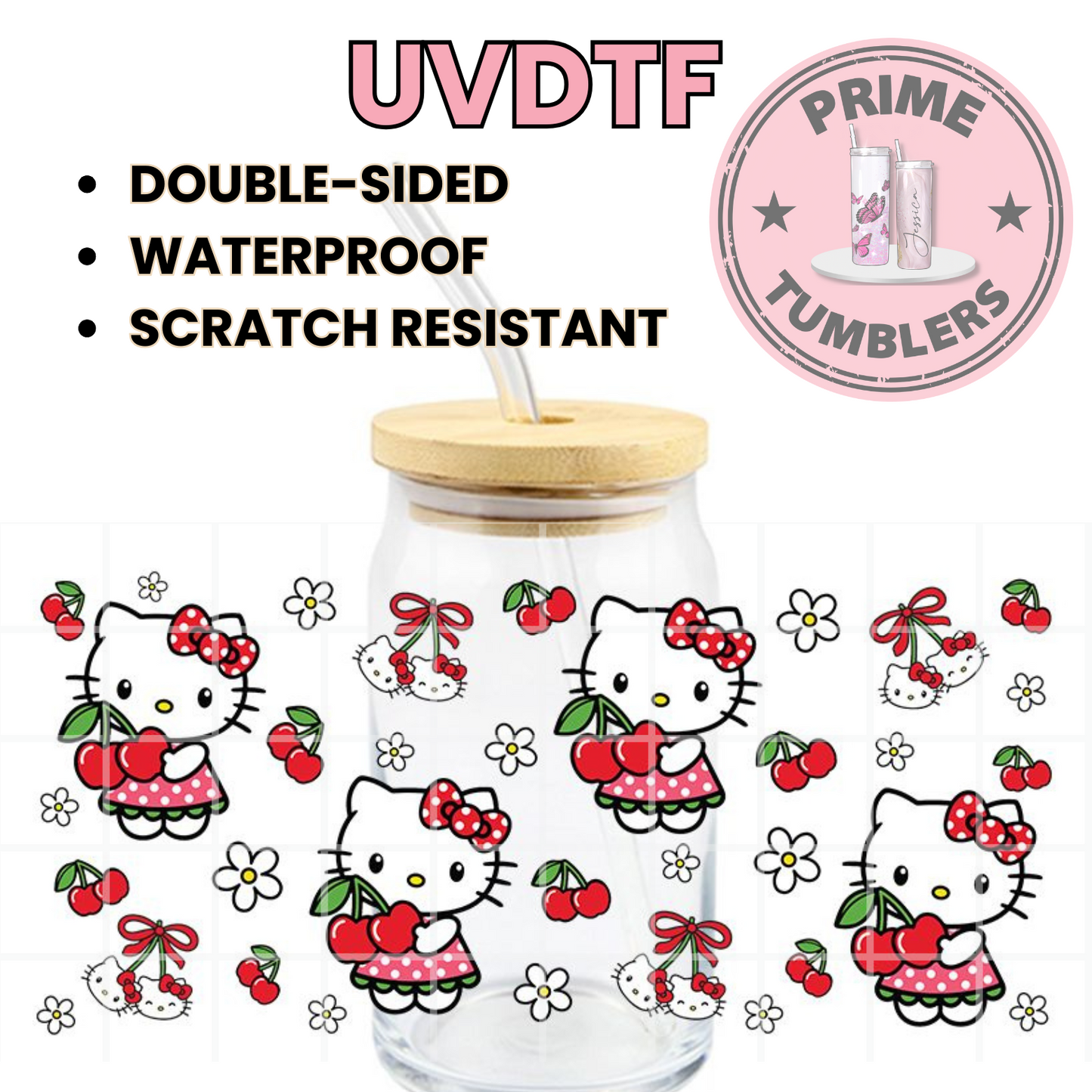Cherry flowers Hello Kitty HK 16oz UVDTF cup wrap, ready to apply STICKERS Sanrio